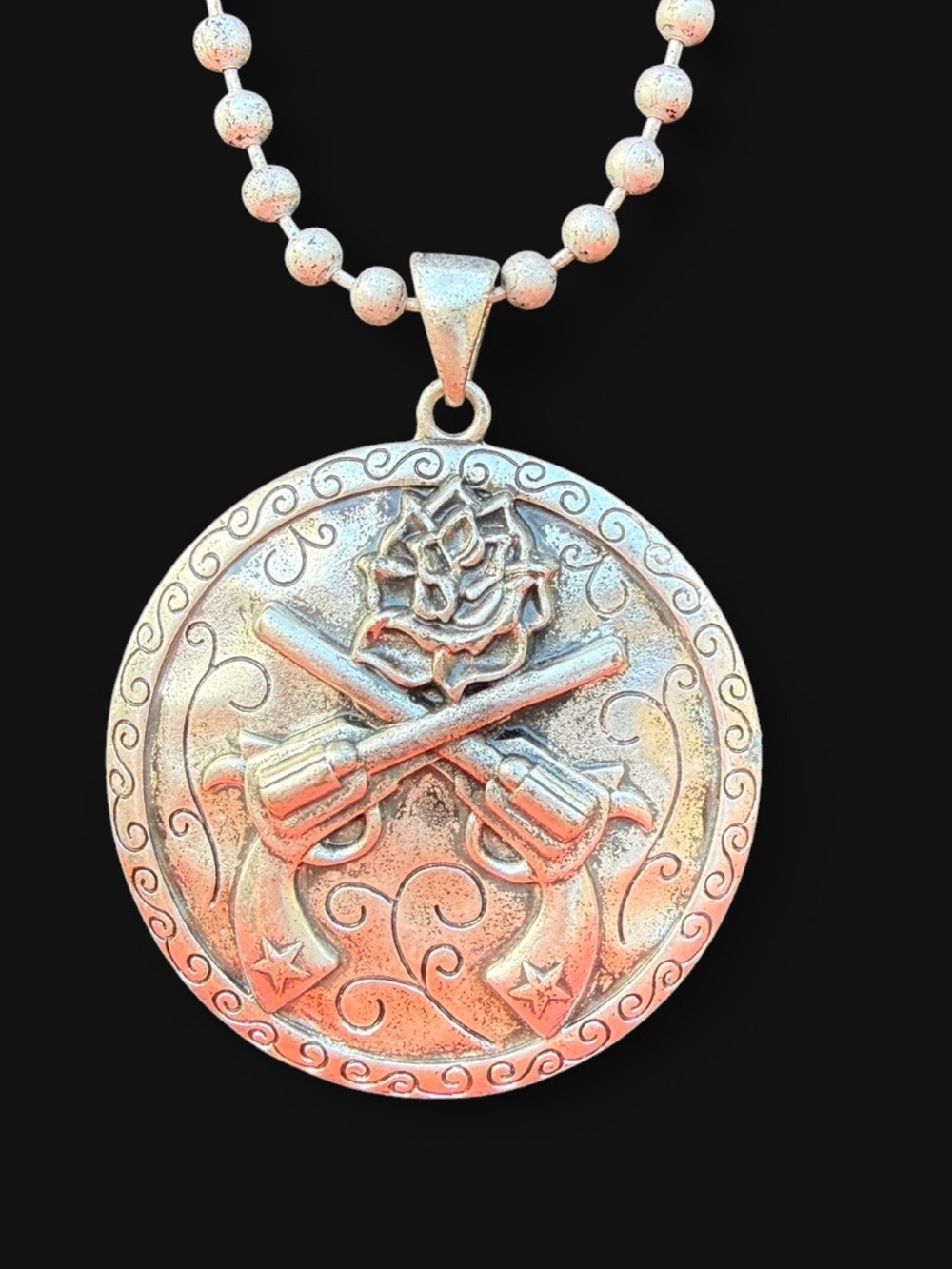 Silver-Tone Crossed Revolver on bead Pendant Necklace - Women Jewelry